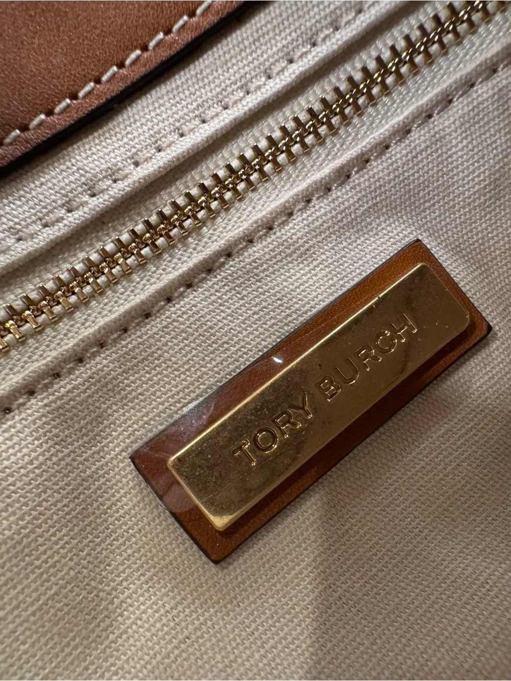 Tory Burch Tan Leather Clutch with Logo Cutout